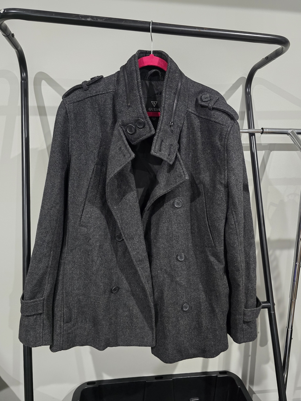 GUESS Men’s Charcoal Gray Double-Breasted Wool Blend Peacoat